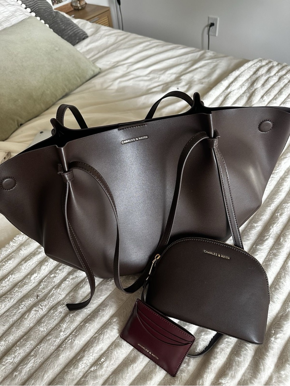 Charles & Keith Deep Brown Smooth Leather Tote XL